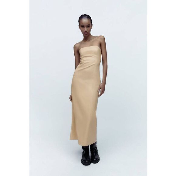 ZARA CREAM FAUX LEATHER MIDI DRESS - Picture 10 of 16